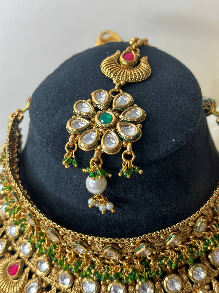 Izhaar Multi Color AD Polki Kundan Necklace with Earrings Tikka/Wedding Jewelry/Traditional Jewelry/Indian Pakistani wedding set.