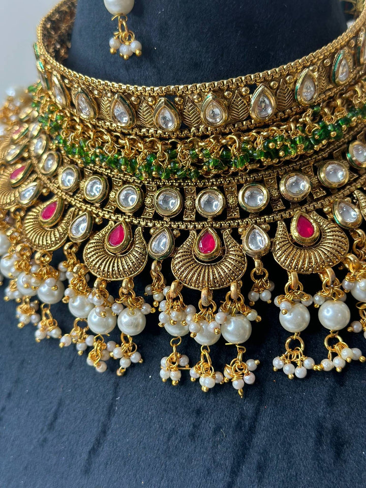 Izhaar Multi Color AD Polki Kundan Necklace with Earrings Tikka/Wedding Jewelry/Traditional Jewelry/Indian Pakistani wedding set.