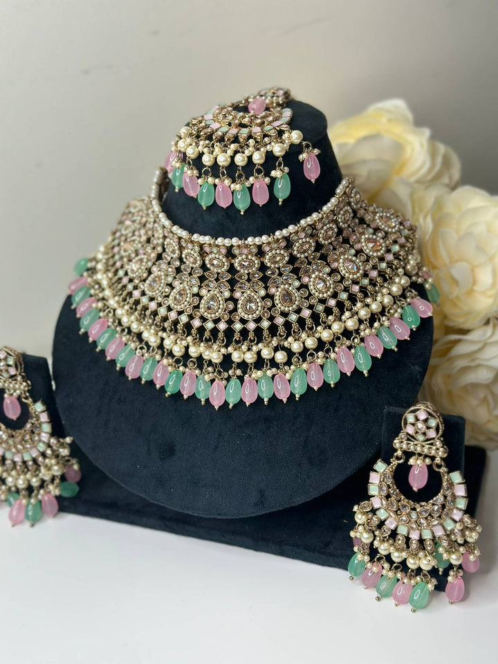 Izhaar Indian Polki Reverse AD Multi Color Necklace with Earrings Tikka/ Wedding Jewelry/ Traditional Jewelry/Wedding/Reverse AD.