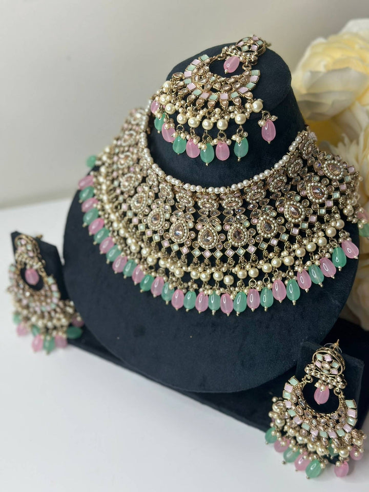 Izhaar Indian Polki Reverse AD Multi Color Necklace with Earrings Tikka/ Wedding Jewelry/ Traditional Jewelry/Wedding/Reverse AD.