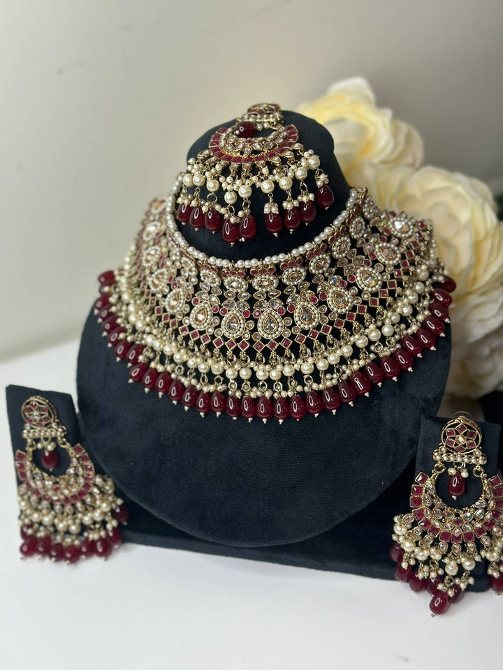 Izhaar Indian Polki Reverse AD Mehroon Color Necklace with Earrings Tikka/ Wedding Jewelry/ Traditional Jewelry/Wedding/Reverse AD.