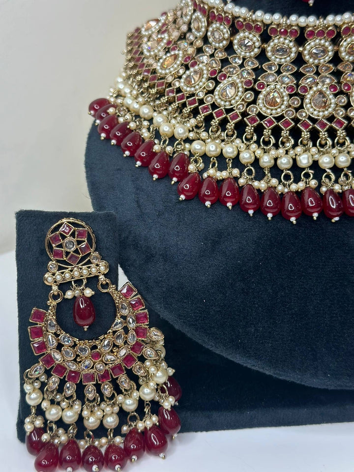 Izhaar Indian Polki Reverse AD Mehroon Color Necklace with Earrings Tikka/ Wedding Jewelry/ Traditional Jewelry/Wedding/Reverse AD.