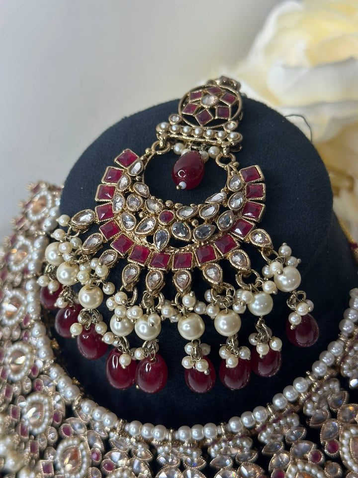 Izhaar Indian Polki Reverse AD Mehroon Color Necklace with Earrings Tikka/ Wedding Jewelry/ Traditional Jewelry/Wedding/Reverse AD.