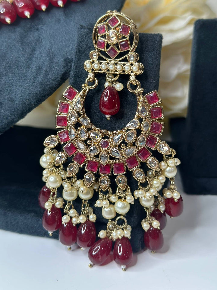 Izhaar Indian Polki Reverse AD Mehroon Color Necklace with Earrings Tikka/ Wedding Jewelry/ Traditional Jewelry/Wedding/Reverse AD.