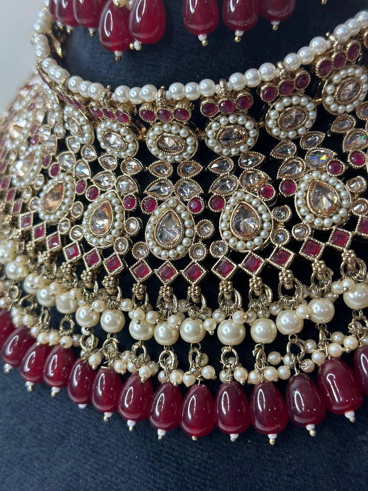 Izhaar Indian Polki Reverse AD Mehroon Color Necklace with Earrings Tikka/ Wedding Jewelry/ Traditional Jewelry/Wedding/Reverse AD.