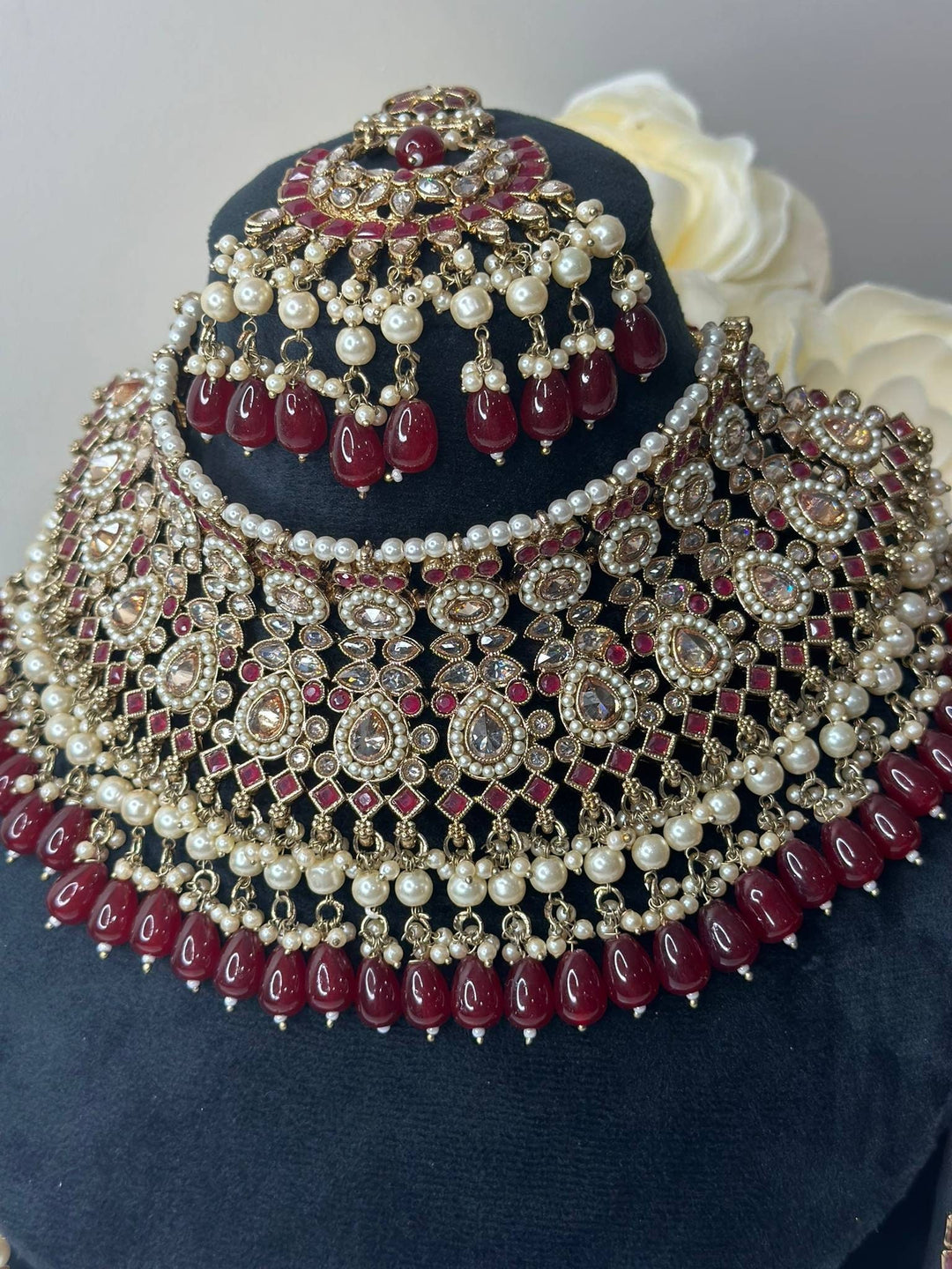 Izhaar Indian Polki Reverse AD Mehroon Color Necklace with Earrings Tikka/ Wedding Jewelry/ Traditional Jewelry/Wedding/Reverse AD.