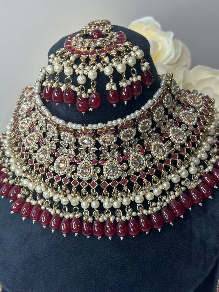 Izhaar Indian Polki Reverse AD Mehroon Color Necklace with Earrings Tikka/ Wedding Jewelry/ Traditional Jewelry/Wedding/Reverse AD.