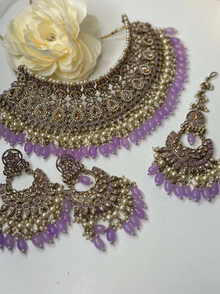 Izhaar Indian Polki Reverse AD Purple Color Necklace with Earrings Tikka/ Wedding Jewelry/ Traditional Jewelry/Wedding/Reverse AD.
