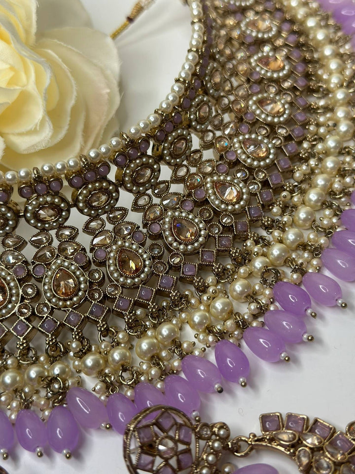 Izhaar Indian Polki Reverse AD Purple Color Necklace with Earrings Tikka/ Wedding Jewelry/ Traditional Jewelry/Wedding/Reverse AD.