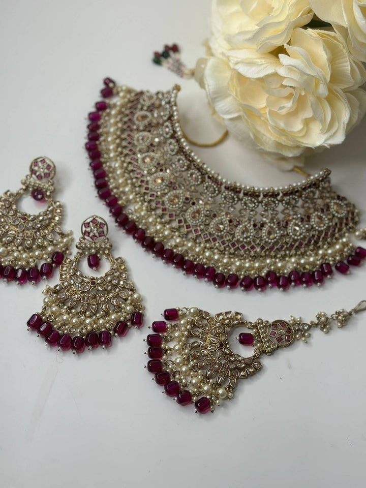 Izhaar Indian Polki Reverse AD Pink Color Necklace with Earrings Tikka/ Wedding Jewelry/ Traditional Jewelry/Wedding/Reverse AD.