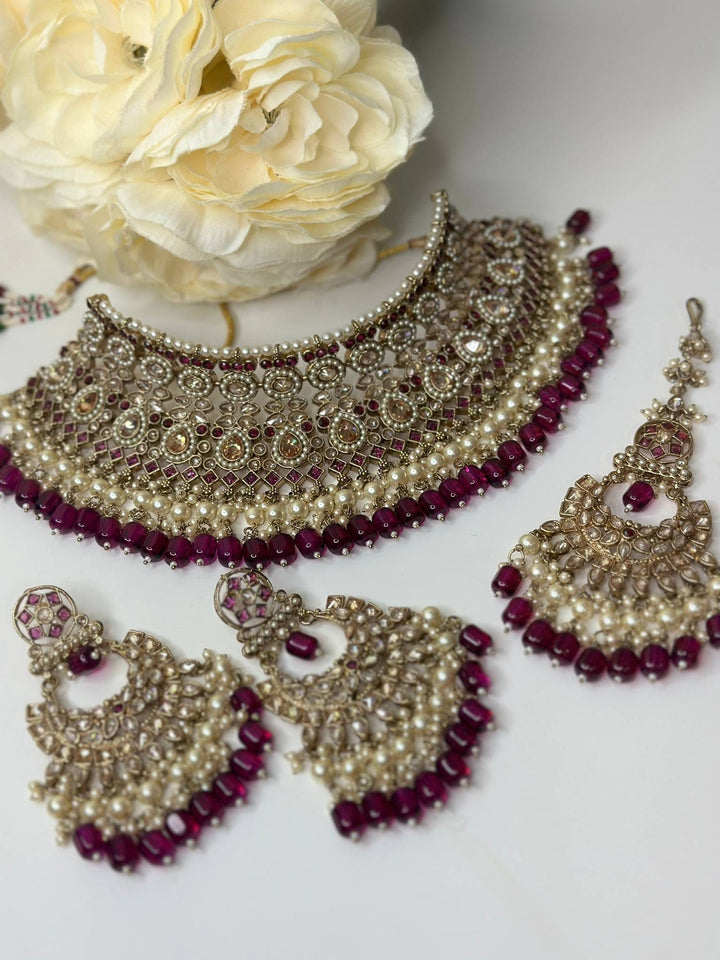 Izhaar Indian Polki Reverse AD Pink Color Necklace with Earrings Tikka/ Wedding Jewelry/ Traditional Jewelry/Wedding/Reverse AD.