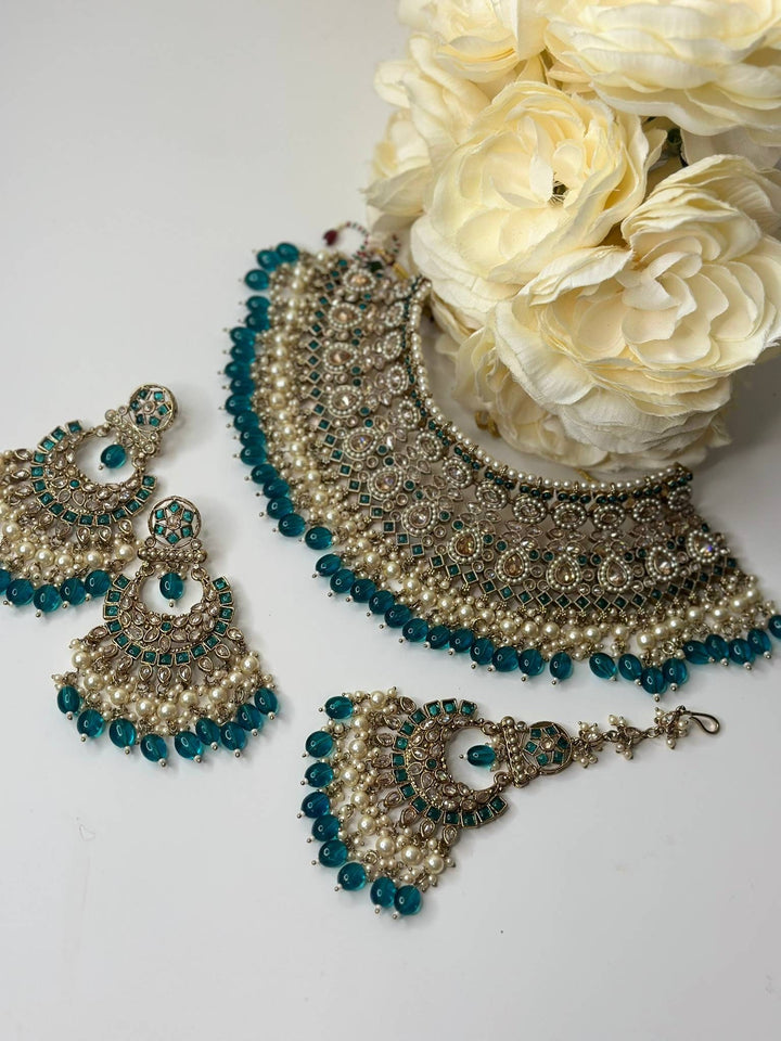 Izhaar Indian Polki Reverse AD Radium Color Necklace with Earrings Tikka/ Wedding Jewelry/ Traditional Jewelry/Wedding/Reverse AD.