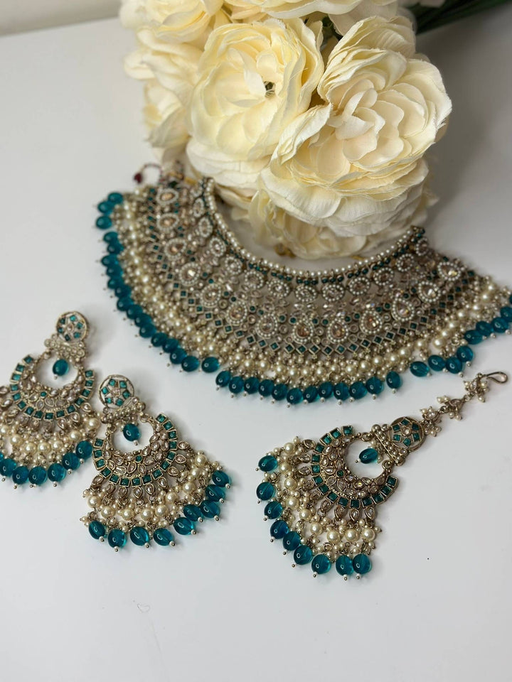Izhaar Indian Polki Reverse AD Radium Color Necklace with Earrings Tikka/ Wedding Jewelry/ Traditional Jewelry/Wedding/Reverse AD.