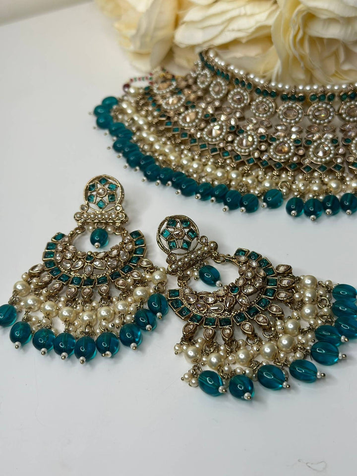 Izhaar Indian Polki Reverse AD Radium Color Necklace with Earrings Tikka/ Wedding Jewelry/ Traditional Jewelry/Wedding/Reverse AD.