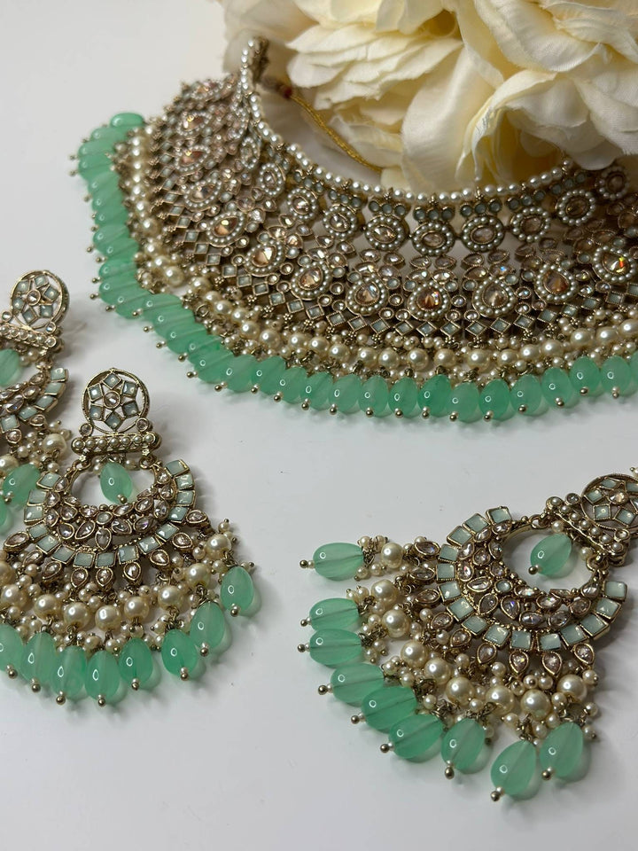 Izhaar Indian Polki Reverse AD Mint Color Necklace with Earrings Tikka/ Wedding Jewelry/ Traditional Jewelry/Wedding/Reverse AD.