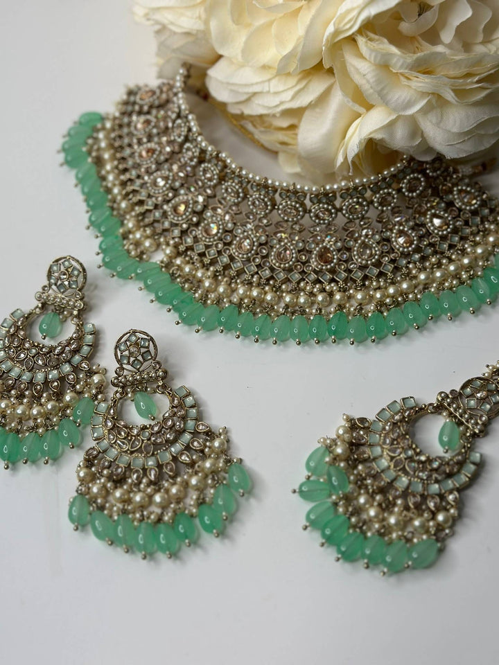 Izhaar Indian Polki Reverse AD Mint Color Necklace with Earrings Tikka/ Wedding Jewelry/ Traditional Jewelry/Wedding/Reverse AD.