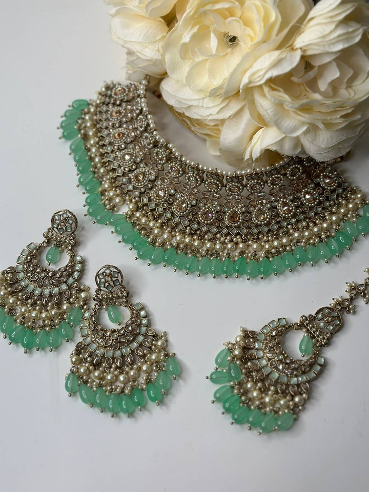 Izhaar Indian Polki Reverse AD Mint Color Necklace with Earrings Tikka/ Wedding Jewelry/ Traditional Jewelry/Wedding/Reverse AD.