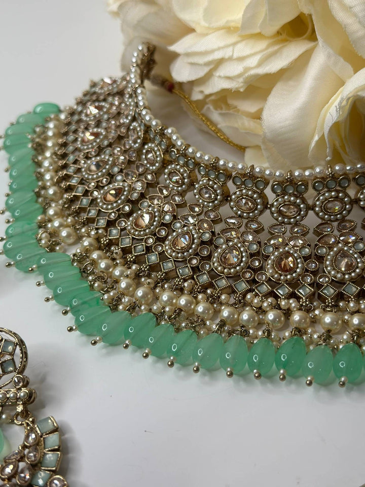 Izhaar Indian Polki Reverse AD Mint Color Necklace with Earrings Tikka/ Wedding Jewelry/ Traditional Jewelry/Wedding/Reverse AD.