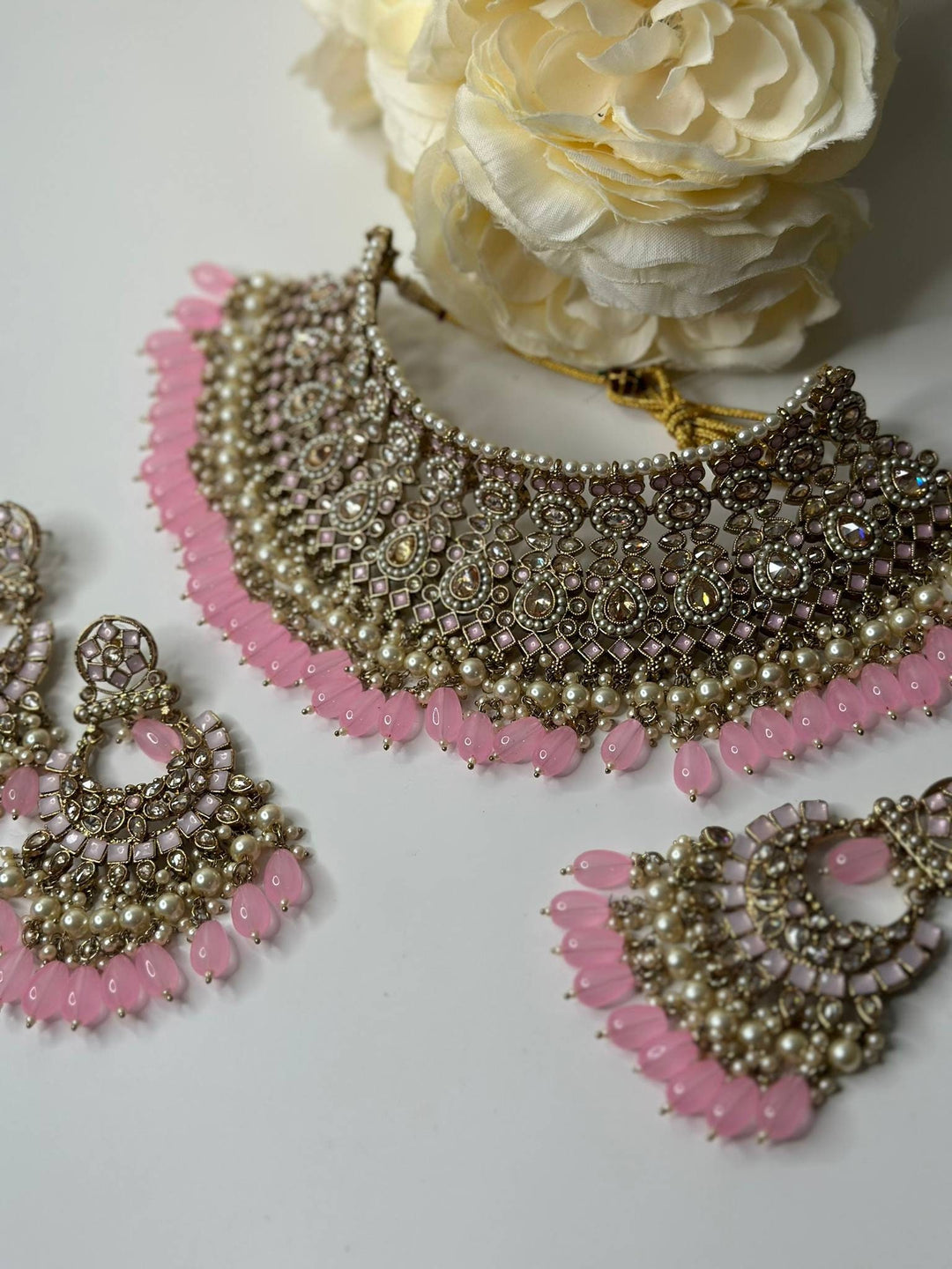 Izhaar Indian Polki Reverse AD L. Pink Color Necklace with Earrings Tikka/ Wedding Jewelry/ Traditional Jewelry/Wedding/Reverse AD.