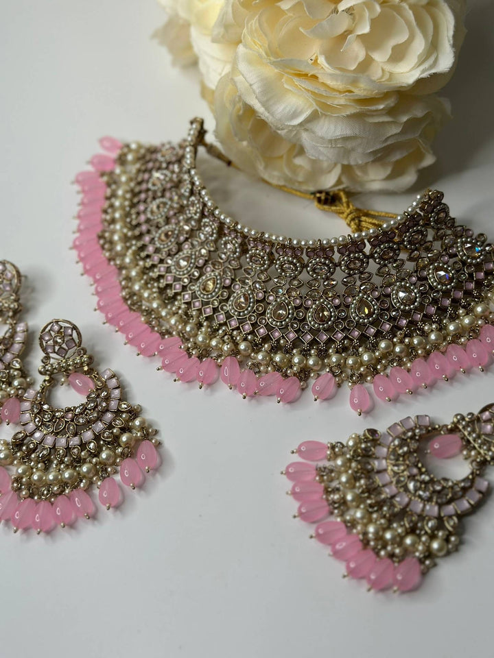 Izhaar Indian Polki Reverse AD L. Pink Color Necklace with Earrings Tikka/ Wedding Jewelry/ Traditional Jewelry/Wedding/Reverse AD.