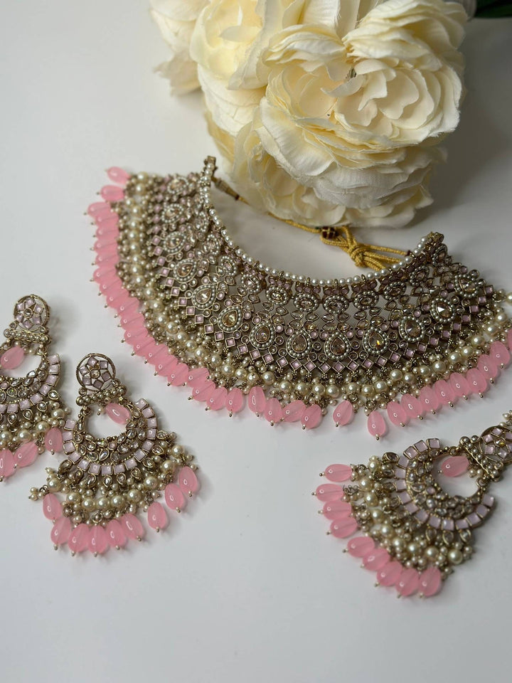 Izhaar Indian Polki Reverse AD L. Pink Color Necklace with Earrings Tikka/ Wedding Jewelry/ Traditional Jewelry/Wedding/Reverse AD.