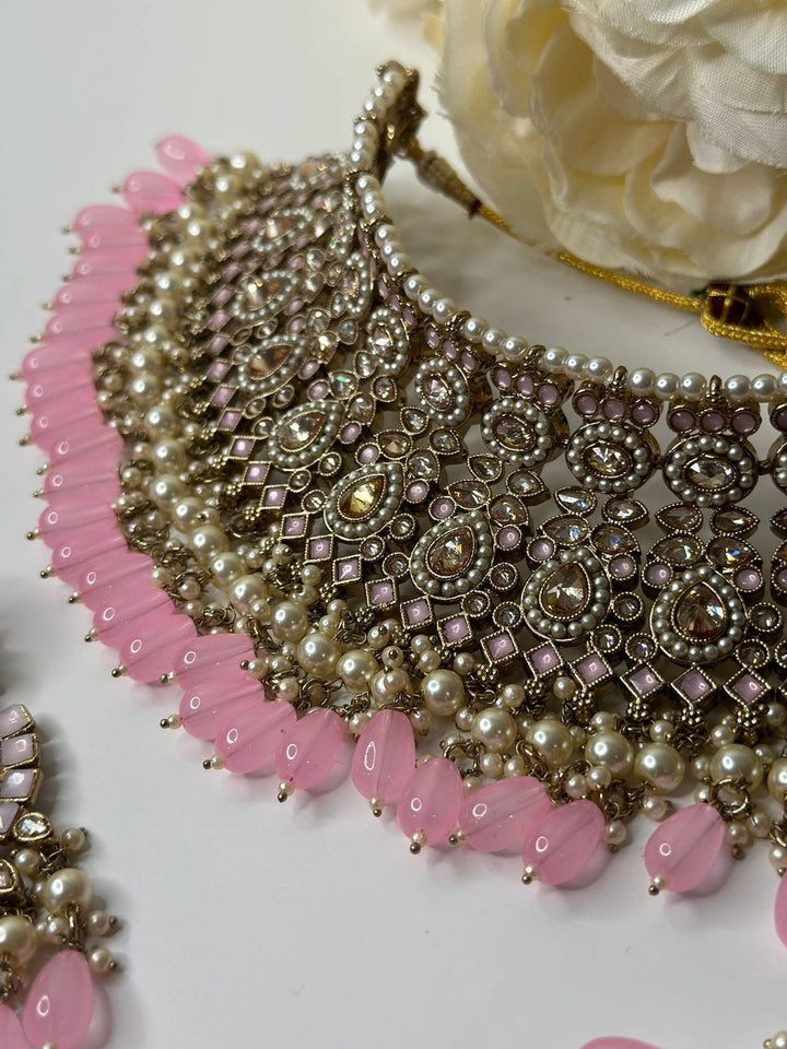 Izhaar Indian Polki Reverse AD L. Pink Color Necklace with Earrings Tikka/ Wedding Jewelry/ Traditional Jewelry/Wedding/Reverse AD.
