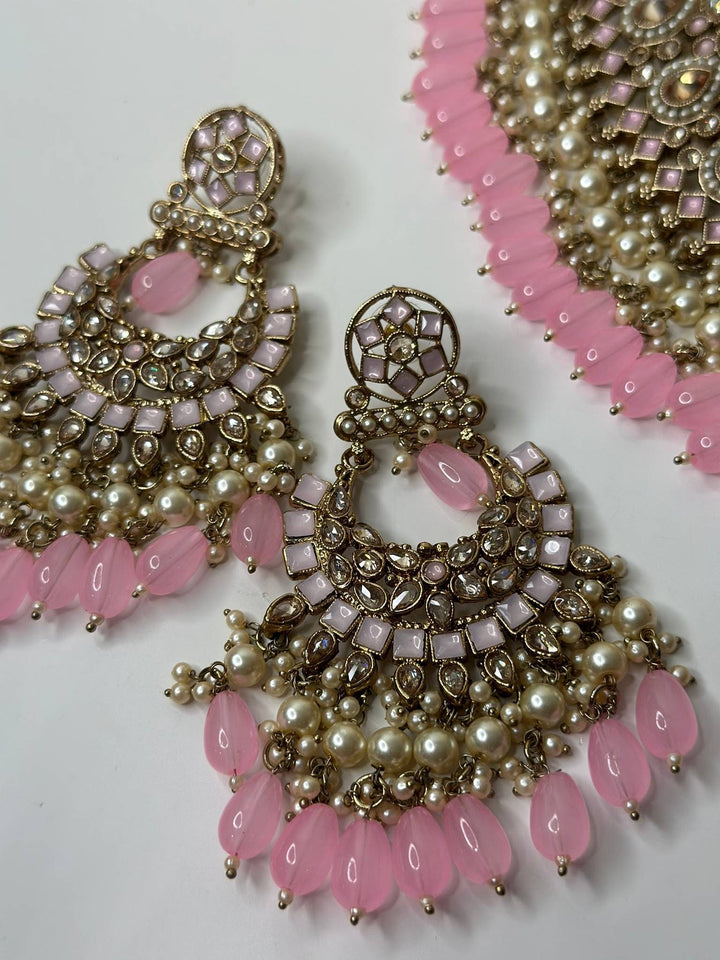 Izhaar Indian Polki Reverse AD L. Pink Color Necklace with Earrings Tikka/ Wedding Jewelry/ Traditional Jewelry/Wedding/Reverse AD.