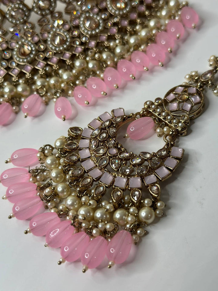 Izhaar Indian Polki Reverse AD L. Pink Color Necklace with Earrings Tikka/ Wedding Jewelry/ Traditional Jewelry/Wedding/Reverse AD.