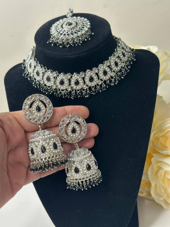 Izhaar Indian Polki Reverse AD Black Color Necklace with Earrings Tikka/ Wedding Jewelry/ Traditional Jewelry/Wedding/Reverse AD/Choker Set.