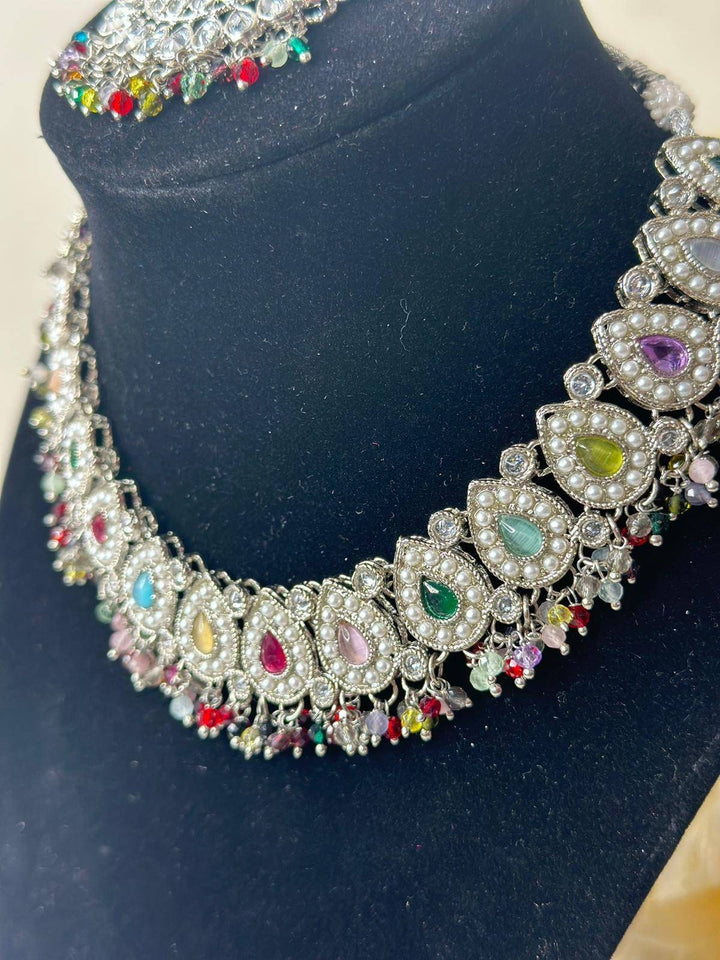 Izhaar Indian Polki Reverse AD Multi Color Necklace with Earrings Tikka/ Wedding Jewelry/ Traditional Jewelry/Wedding/Reverse AD/Choker Set.