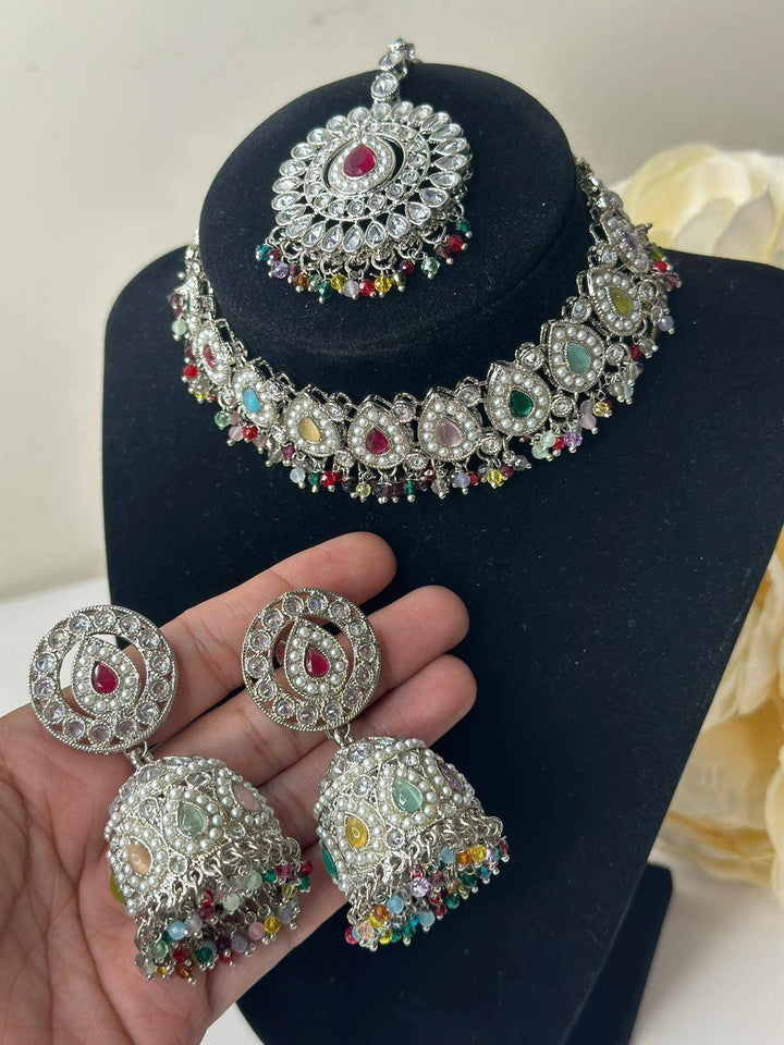 Izhaar Indian Polki Reverse AD Multi Color Necklace with Earrings Tikka/ Wedding Jewelry/ Traditional Jewelry/Wedding/Reverse AD/Choker Set.