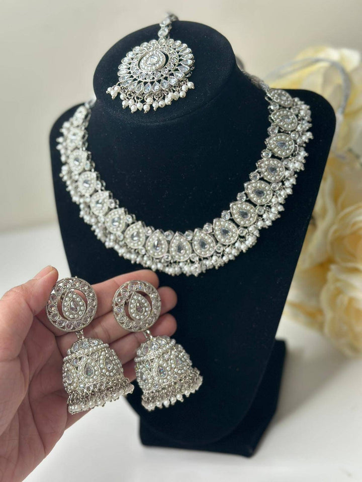 Izhaar Indian Polki Reverse AD White Color Necklace with Earrings Tikka/ Wedding Jewelry/ Traditional Jewelry/Wedding/Reverse AD/Choker Set.