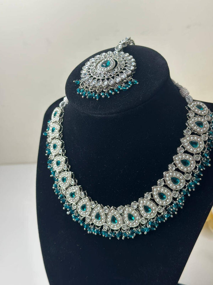 Izhaar Indian Polki Reverse AD Radium Color Necklace with Earrings Tikka/Wedding Jewelry/ Traditional Jewelry/Wedding/Reverse AD/Choker Set.