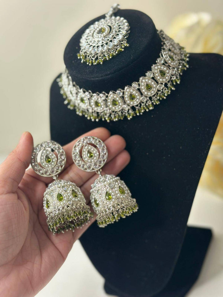 Izhaar Indian Polki Reverse AD Mehendi Color Necklace with Earrings Tikka/Wedding Jewelry/Traditional Jewelry/Wedding/Reverse AD/Choker Set.