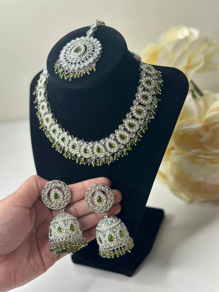Izhaar Indian Polki Reverse AD Mehendi Color Necklace with Earrings Tikka/Wedding Jewelry/Traditional Jewelry/Wedding/Reverse AD/Choker Set.