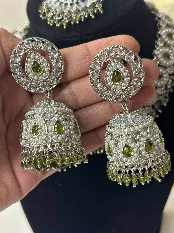 Izhaar Indian Polki Reverse AD Mehendi Color Necklace with Earrings Tikka/Wedding Jewelry/Traditional Jewelry/Wedding/Reverse AD/Choker Set.