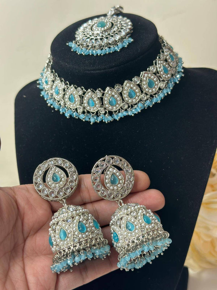 Izhaar flexible Polki Reverse AD Surf Color Necklace with Earrings Tikka/Wedding Jewelry/Traditional Jewelry/Wedding/Reverse AD/Choker Set.