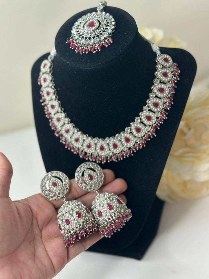 Izhaar flexible Polki Reverse AD Pink Color Necklace with Earrings Tikka/Wedding Jewelry/Traditional Jewelry/Wedding/Reverse AD/Choker Set.
