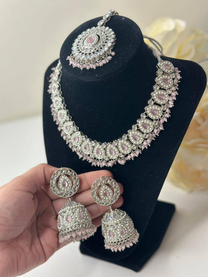 Izhaar flexible Polki Reverse AD L. Pink Color Necklace with Earrings Tikka/WeddingJewelry/Traditional Jewelry/Wedding/ReverseAD/Choker Set.