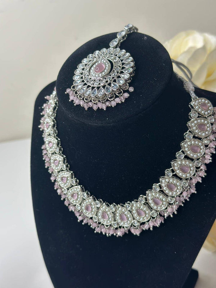 Izhaar flexible Polki Reverse AD L. Pink Color Necklace with Earrings Tikka/WeddingJewelry/Traditional Jewelry/Wedding/ReverseAD/Choker Set.