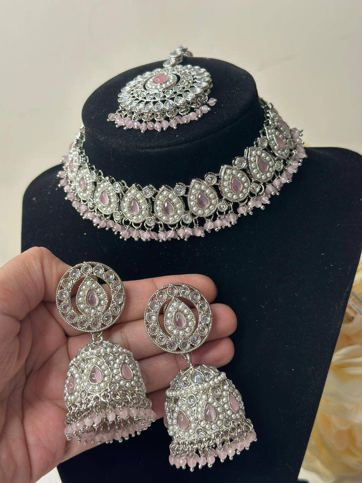Izhaar flexible Polki Reverse AD L. Pink Color Necklace with Earrings Tikka/WeddingJewelry/Traditional Jewelry/Wedding/ReverseAD/Choker Set.
