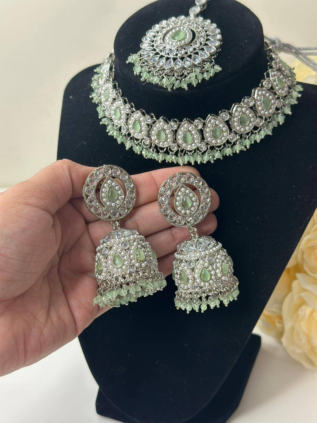 Izhaar flexible Polki Reverse AD Mint Color Necklace with Earrings Tikka/Wedding Jewelry/Traditional Jewelry/Wedding/Reverse AD/Choker Set.