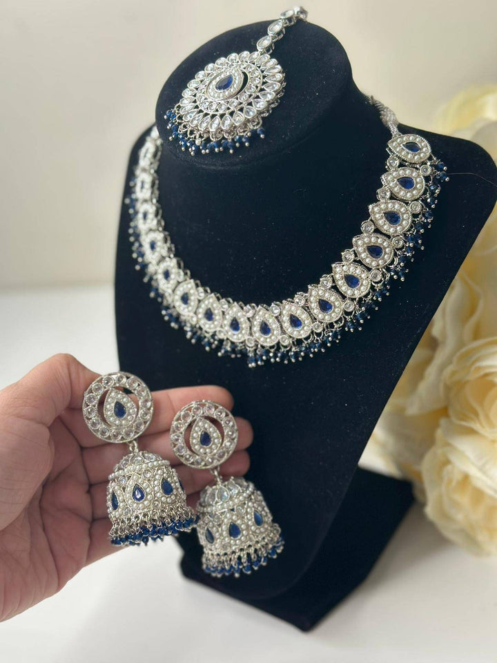Izhaar flexible Polki Reverse AD Blue Color Necklace with Earrings Tikka/Wedding Jewelry/Traditional Jewelry/Wedding/Reverse AD/Choker Set.