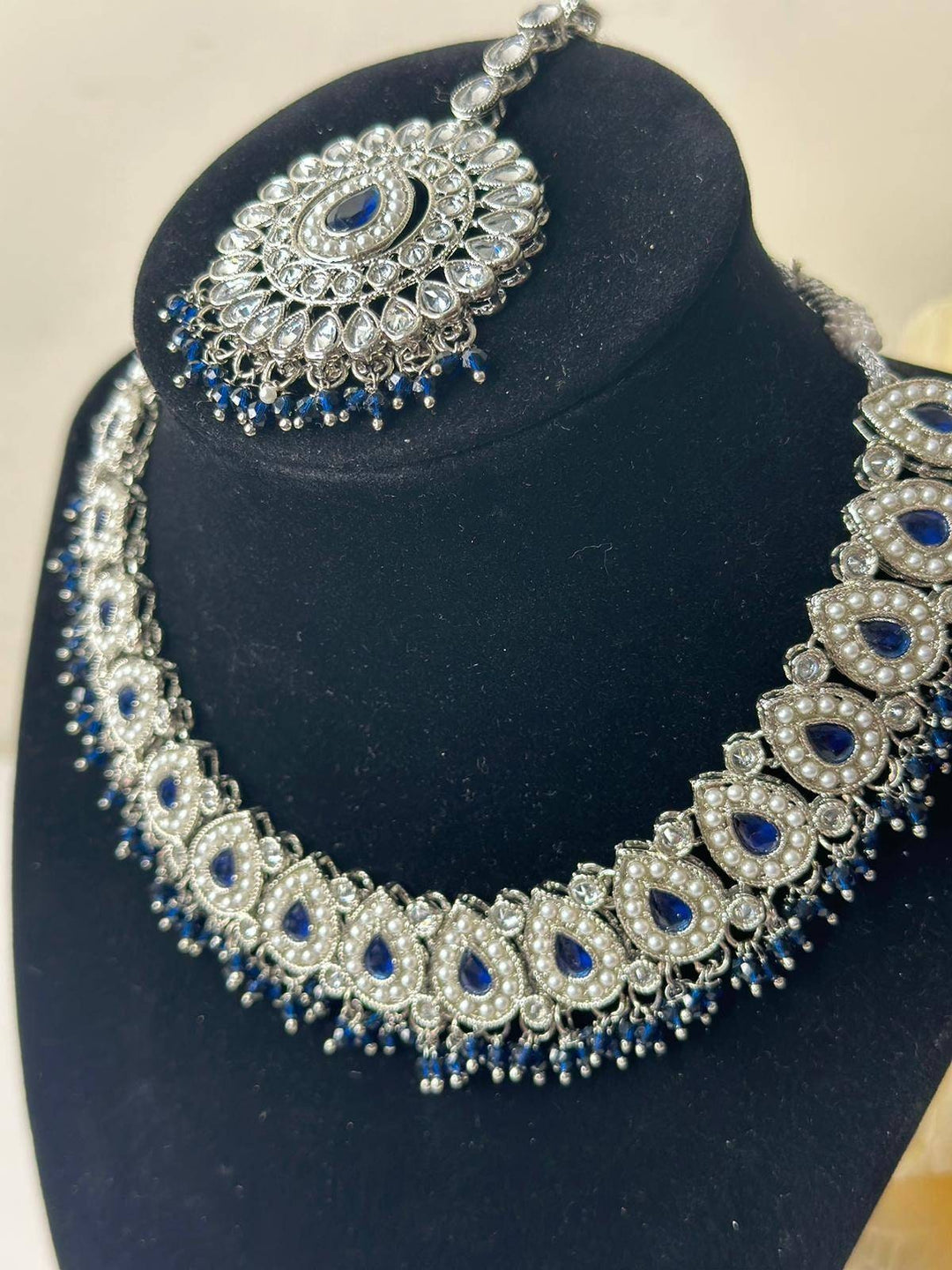 Izhaar flexible Polki Reverse AD Blue Color Necklace with Earrings Tikka/Wedding Jewelry/Traditional Jewelry/Wedding/Reverse AD/Choker Set.
