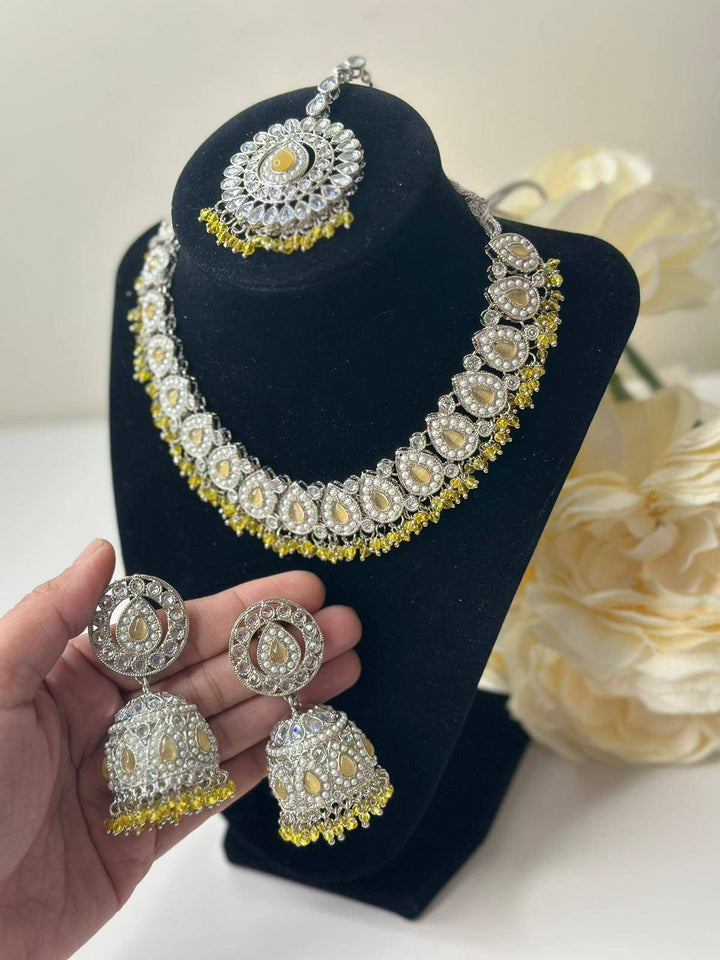 Izhaar flexible Polki Reverse AD Yellow Color Necklace with Earrings Tikka/Wedding Jewelry/Traditional Jewelry/Wedding/ReverseAD/Choker Set.