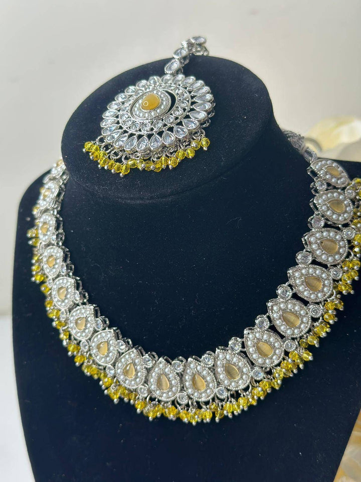 Izhaar flexible Polki Reverse AD Yellow Color Necklace with Earrings Tikka/Wedding Jewelry/Traditional Jewelry/Wedding/ReverseAD/Choker Set.