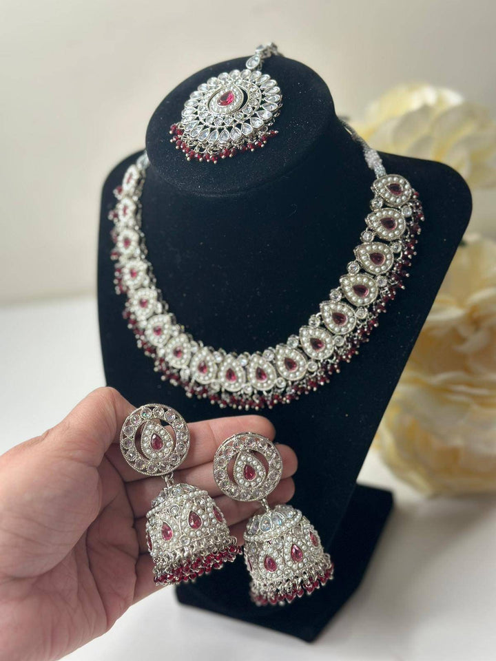 Izhaar flexible Polki Reverse AD Cherry Color Necklace with Earrings Tikka/Wedding Jewelry/Traditional Jewelry/Wedding/ReverseAD/Choker Set.