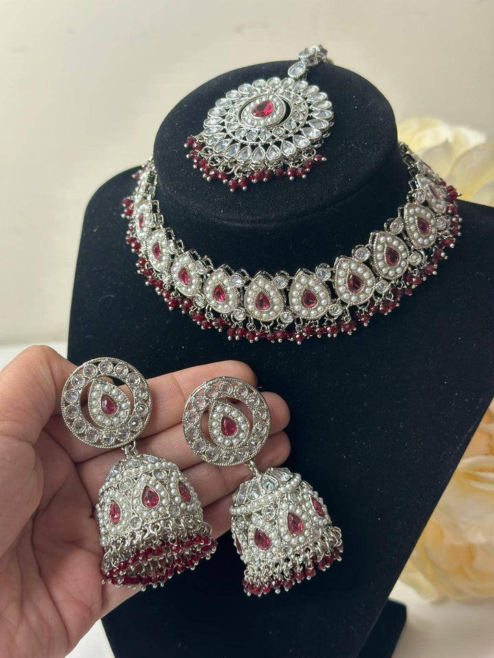 Izhaar flexible Polki Reverse AD Cherry Color Necklace with Earrings Tikka/Wedding Jewelry/Traditional Jewelry/Wedding/ReverseAD/Choker Set.