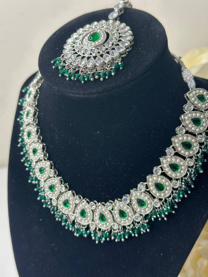 Izhaar flexible Polki Reverse AD Green Color Necklace with Earrings Tikka/Wedding Jewelry/Traditional Jewelry/Wedding/ReverseAD/Choker Set.