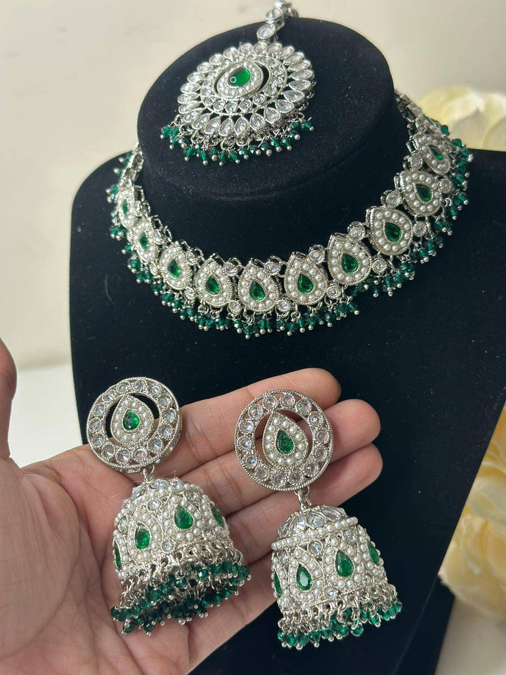 Izhaar flexible Polki Reverse AD Green Color Necklace with Earrings Tikka/Wedding Jewelry/Traditional Jewelry/Wedding/ReverseAD/Choker Set.